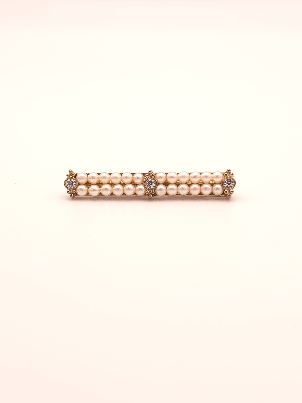 Vintage Gold Tone Bar Brooch Pin Round Simulated Pearl & Clear Rhinestone