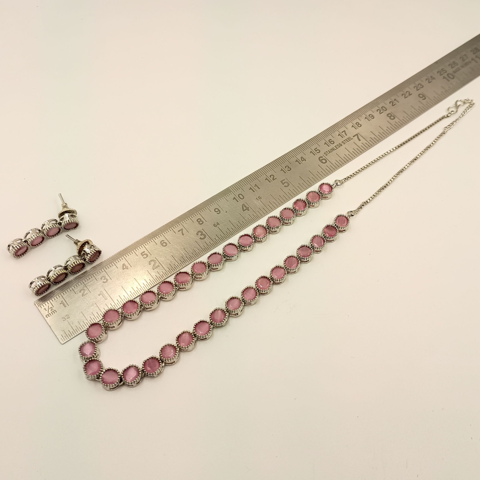 Rose Quartz Round Stone South Indian Necklace Set 22K Gold Plated Ethnic Jewelry