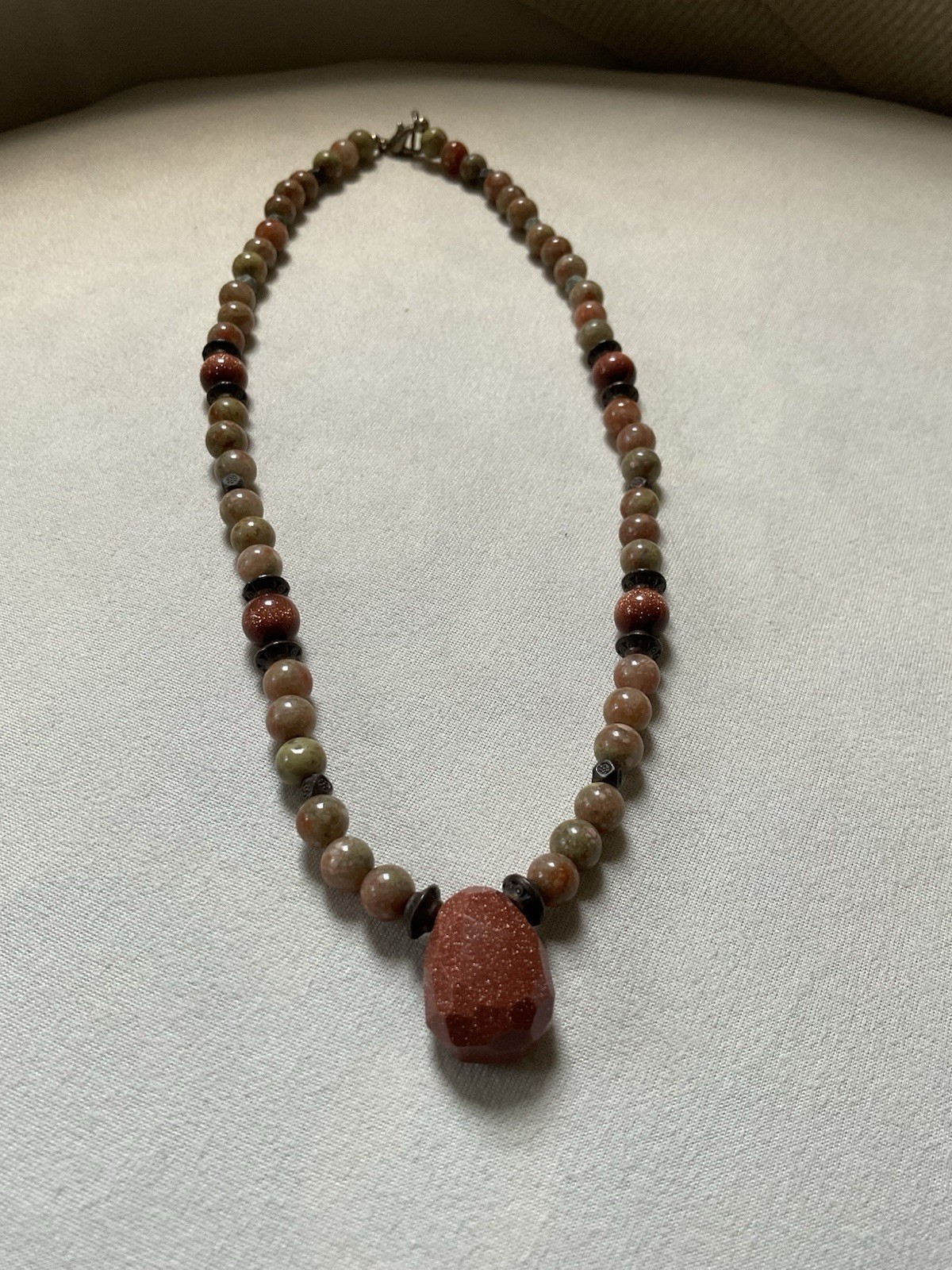 Gold SandStone Pendant On A 16” Choker Necklace Genuine Stones Metal Beads