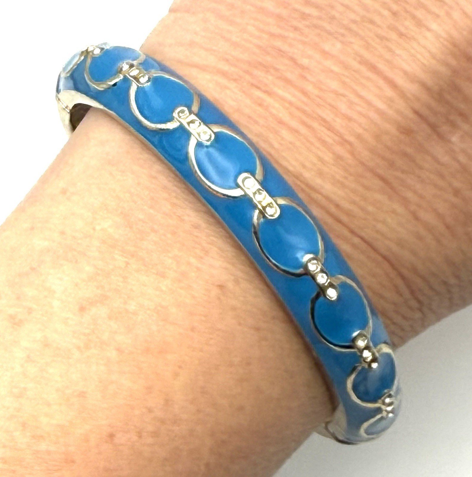 Sequin Signed Enamel Bangle Clamper Bracelet Teal Blue Gold Tone Rhinestones
