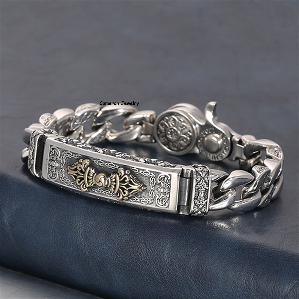 Solid 925 Sterling Silver Chain Vajra 11mm Six Words Curb Link Bracelet 7-8.7in