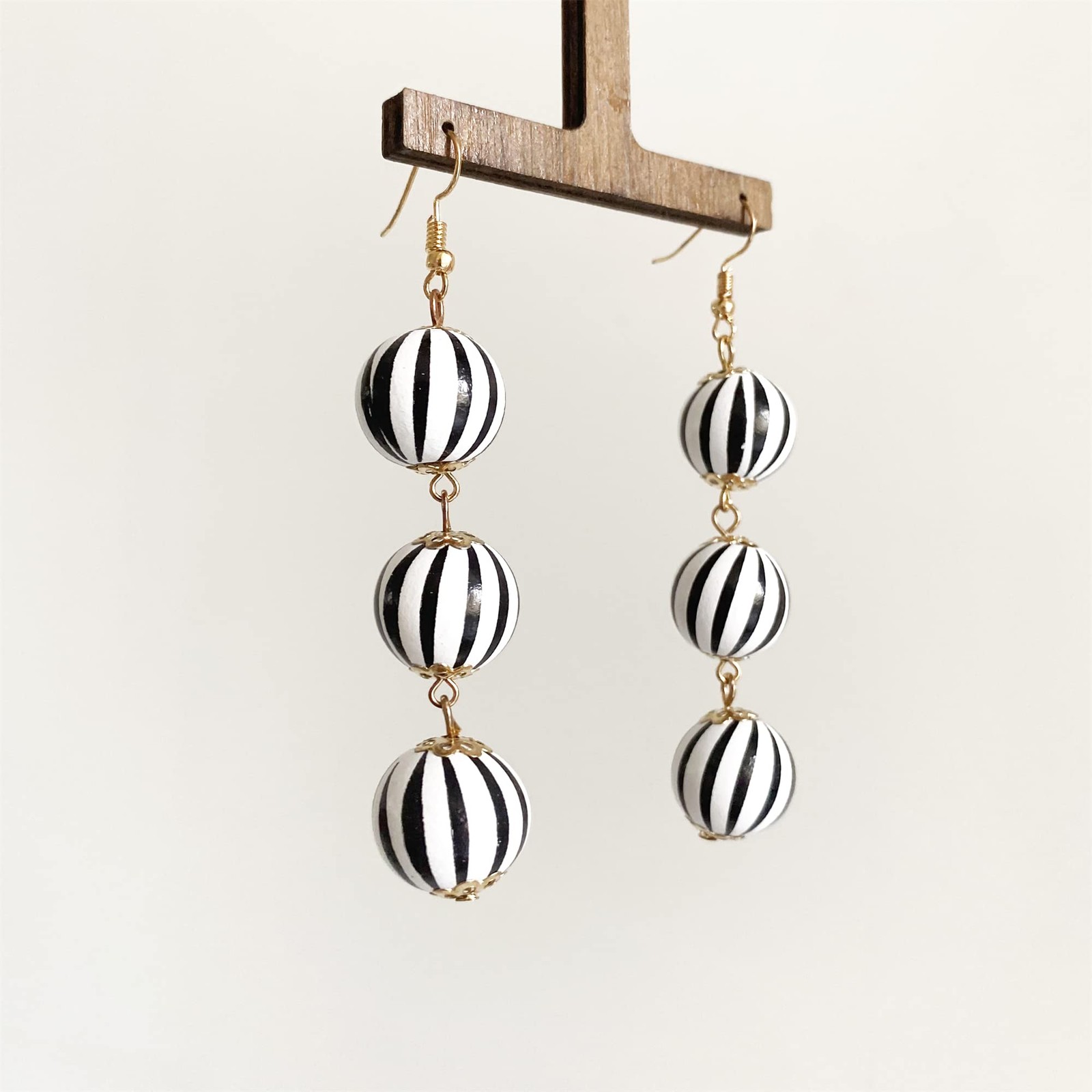 Unique Handmade Lightweight Long Three Nature Wooden Beaded Ball Dangle Drop …