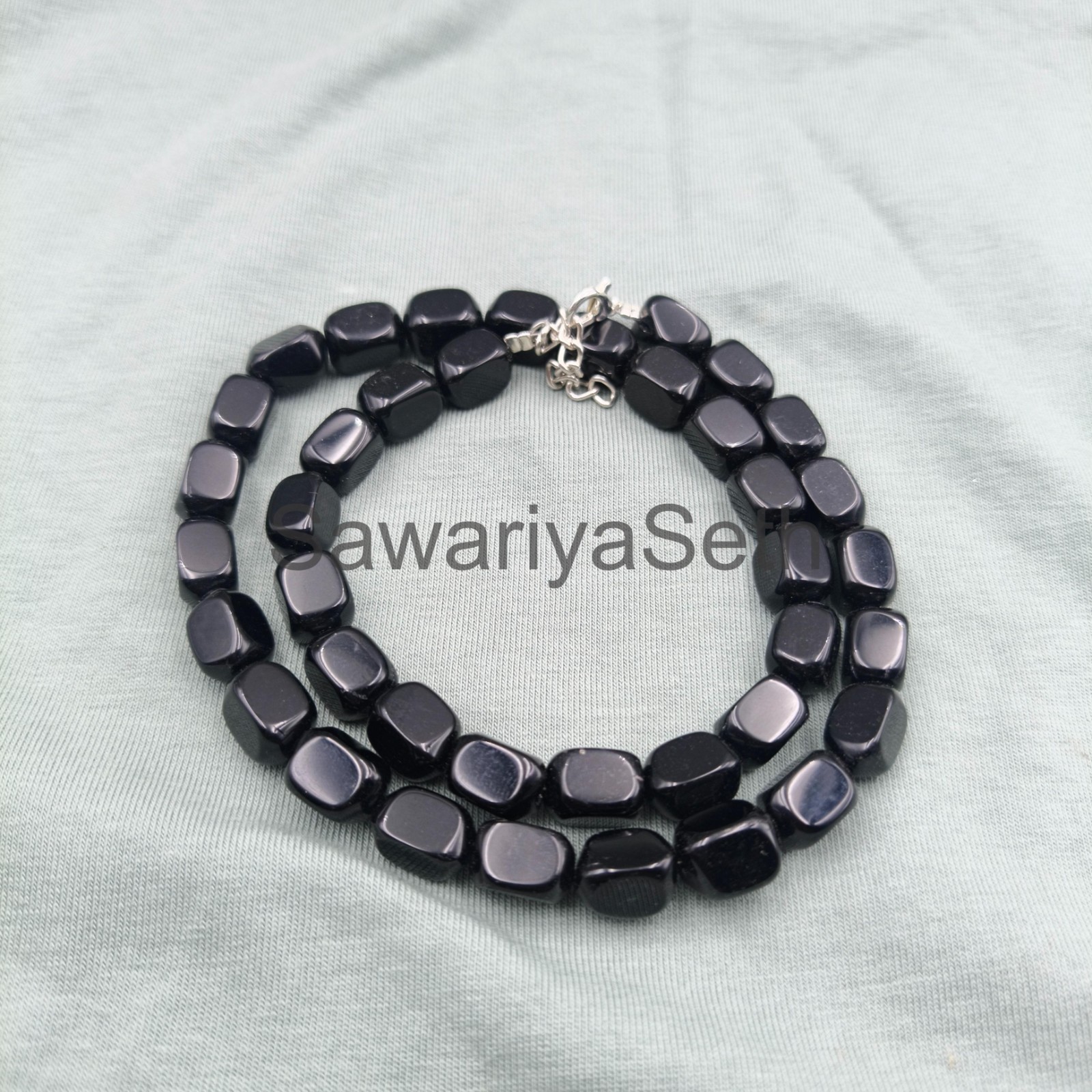 Black Tourmaline Square Beads Necklace, 8mm Natural Gemstone Necklace, Sterling