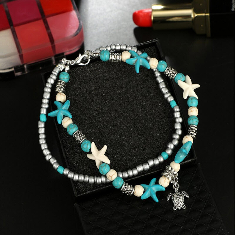 Blue Turtle Anklets for Women Girls Beads Beach Ankle Bracelet Boho Foot Jewelry