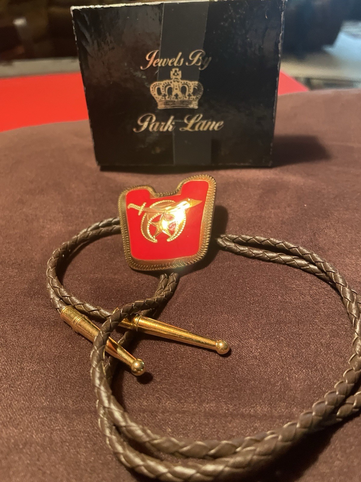 Jewels By Park Lane Shield Bolo Tie Red Enamel Gold Trim with Gold Tips