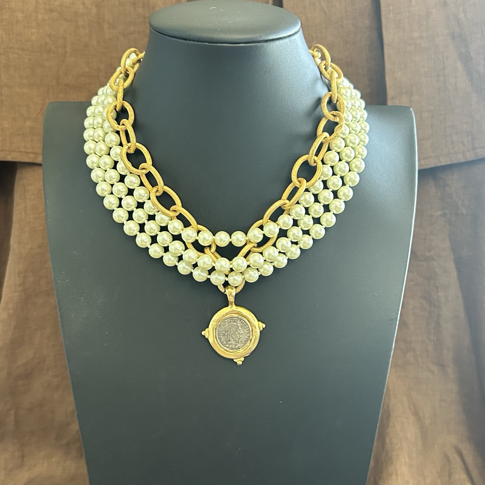 Gold Tone Multi-Strand Simulated Cream Pearl Link Chain Coin Pendant, Lobster