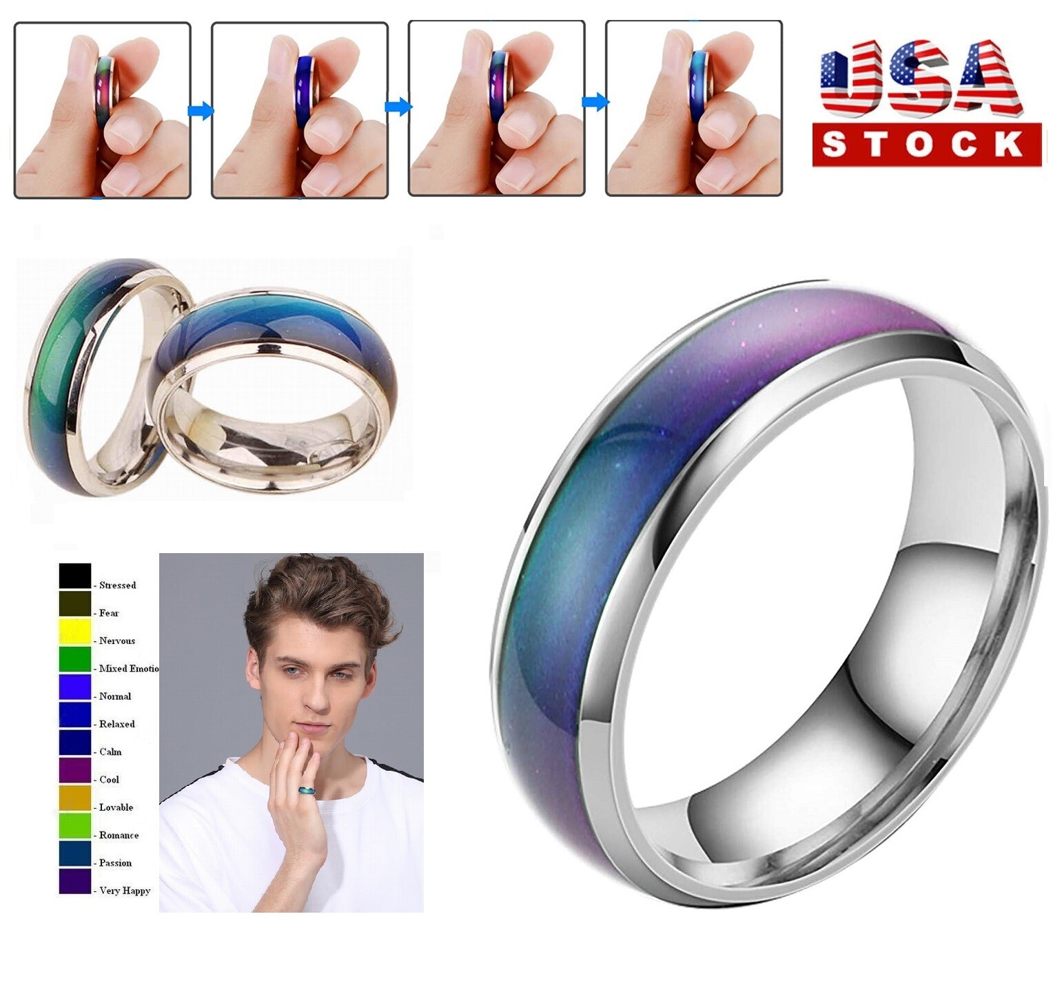 Stainless Steel Temperature Changing Color Mood Rings Emotion Ring Mood Band USA
