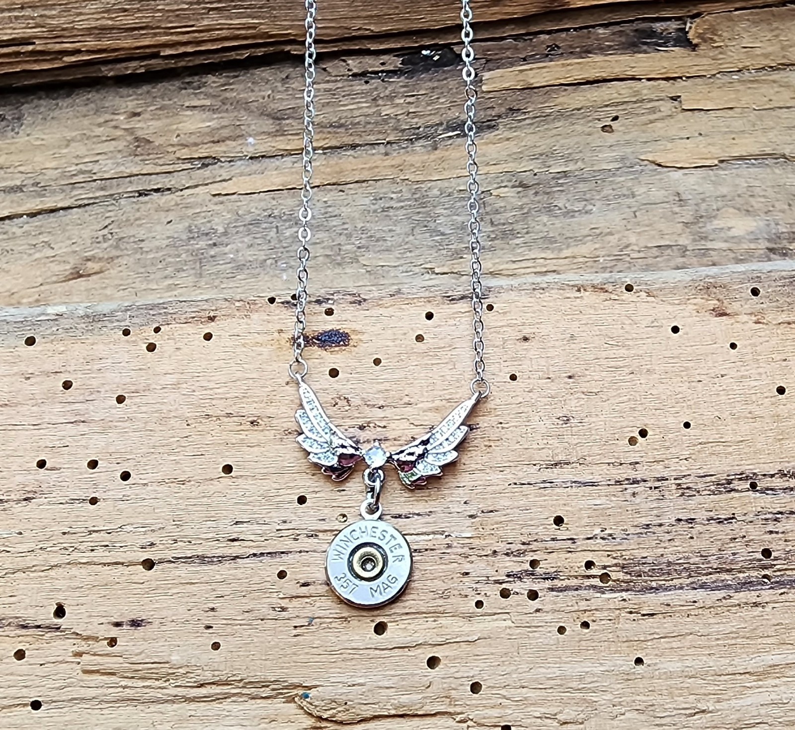 Sterling Wing Necklace with Bullet Charm. Optional Crystal.
