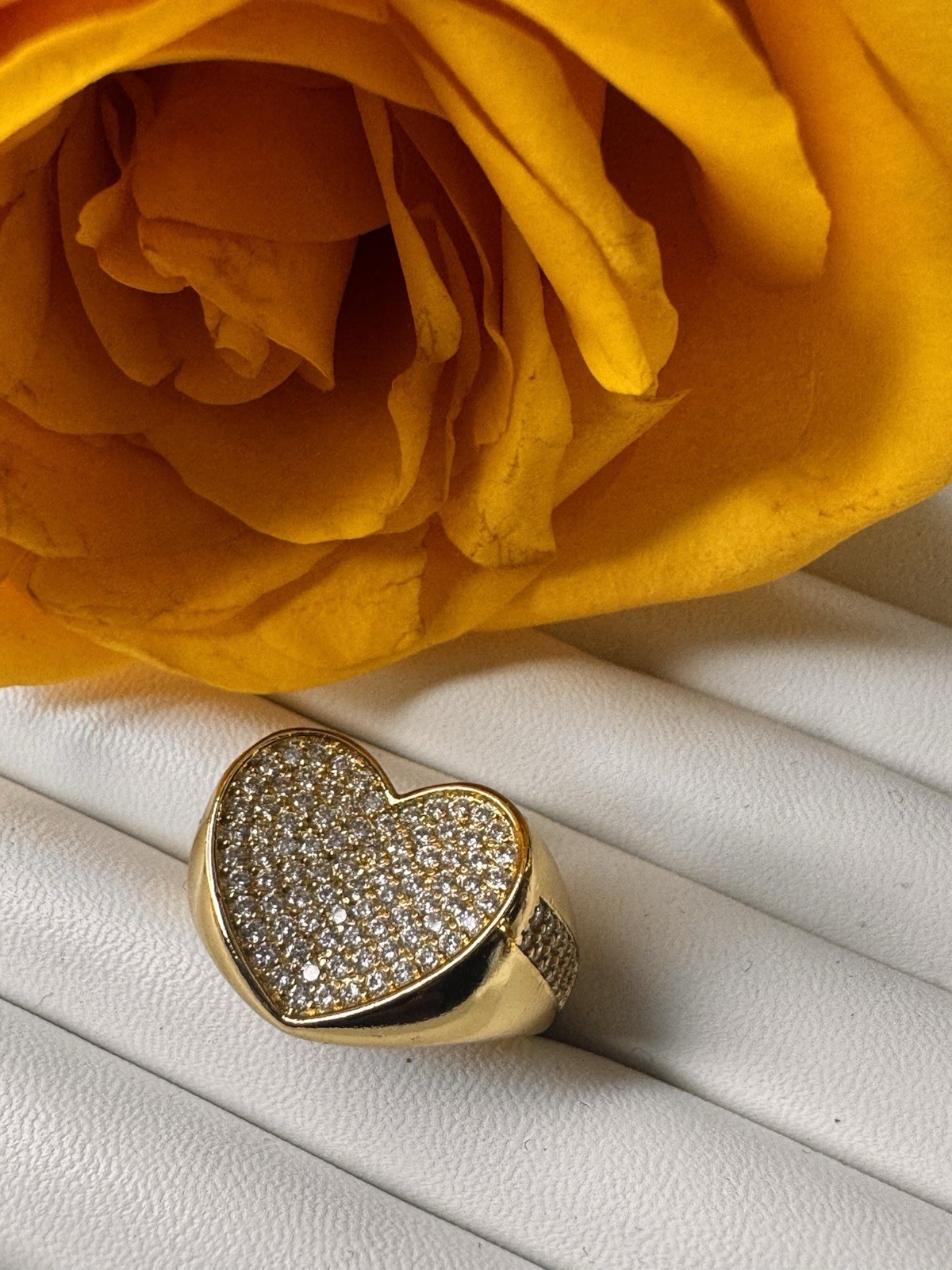 Gold Tone Yellow Gold Plated Heart Pavé Cubic Zirconia Cocktail Signet Ring