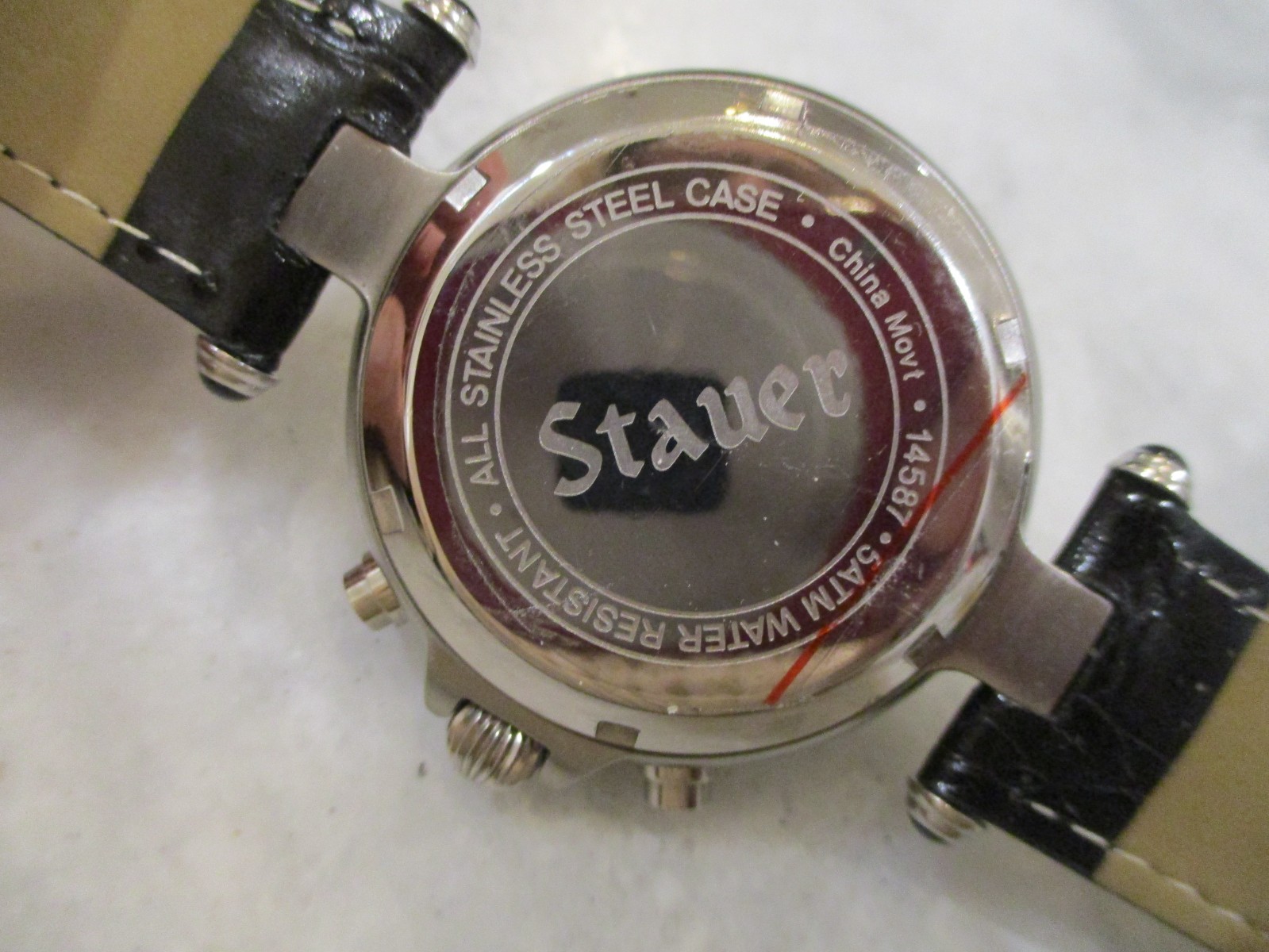 NWOT STAUER BLACK MOONPHASE AUTOMATIC 27-JEWEL CHRONO MENS WATCH DAY/DATE- 14587