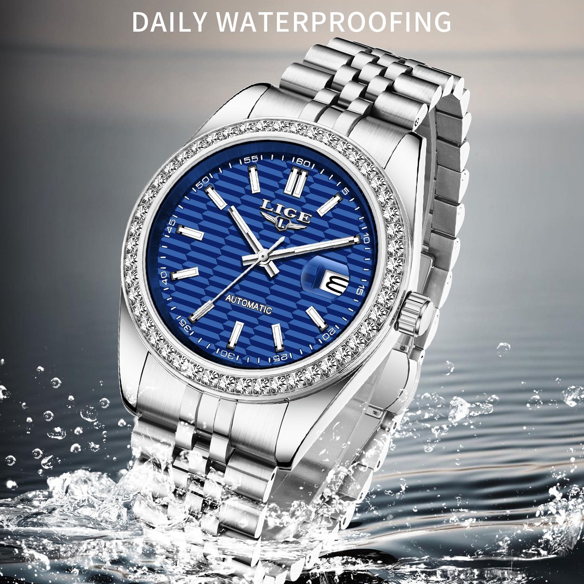 LIGE Men Watch Automatic Mechanical Date Waterproof Stainless Steel Wristwatch