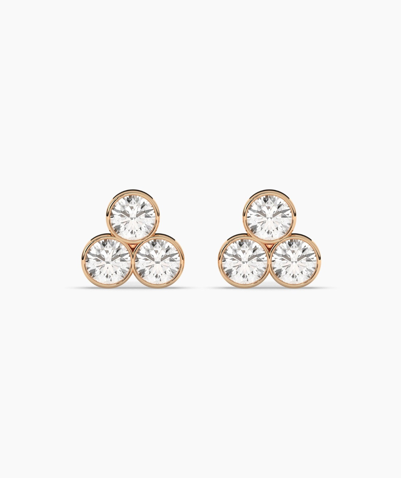 Round Cut Lab Grown Diamond 14K Solid Gold Dainty Trio Bezel Set Stud Earrings