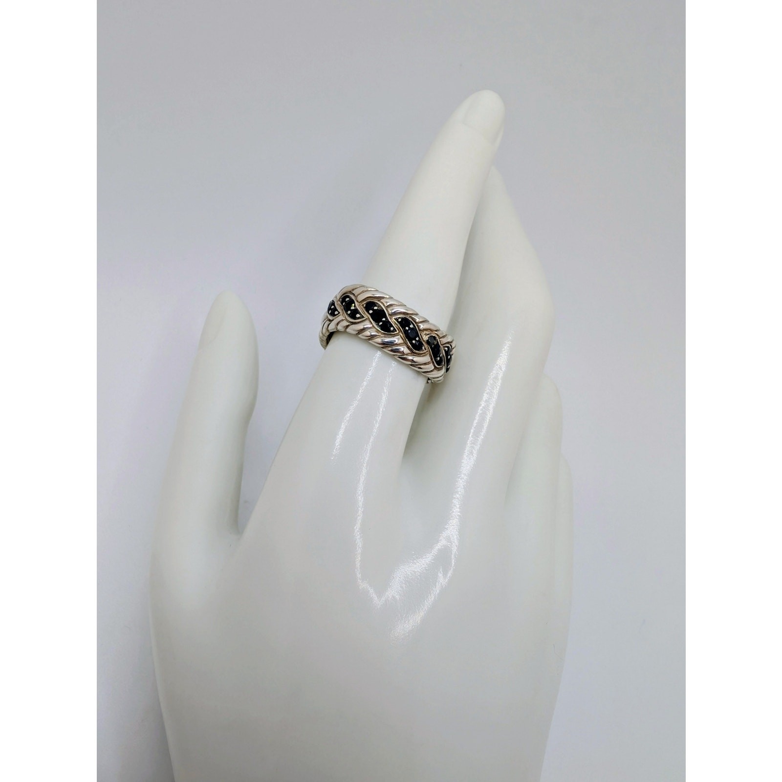 John Hardy Sterling Silver and Black Sapphire Surf Ring Size 8