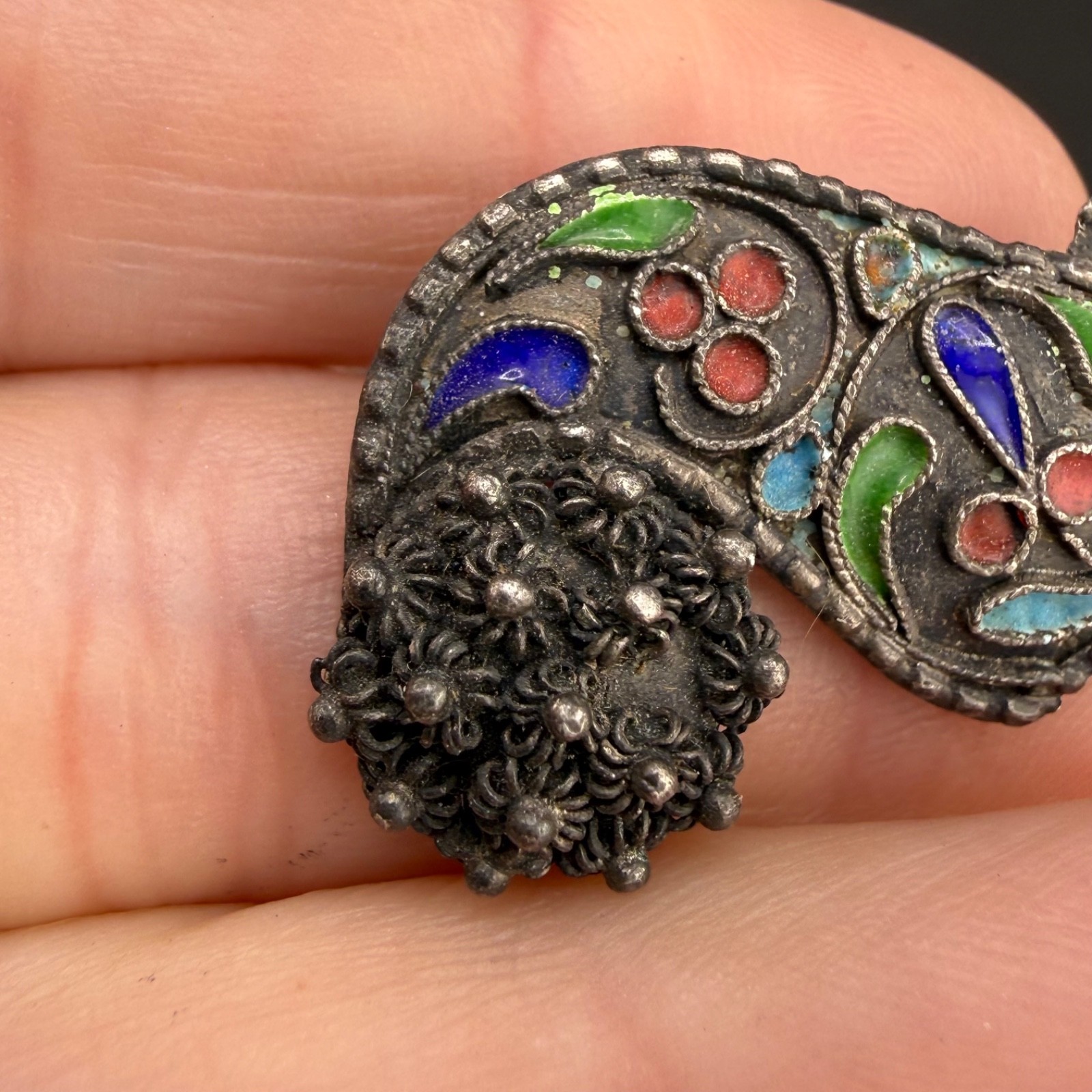 Vintage Chinese Export Enamel Shoe Brooch Silver Tone