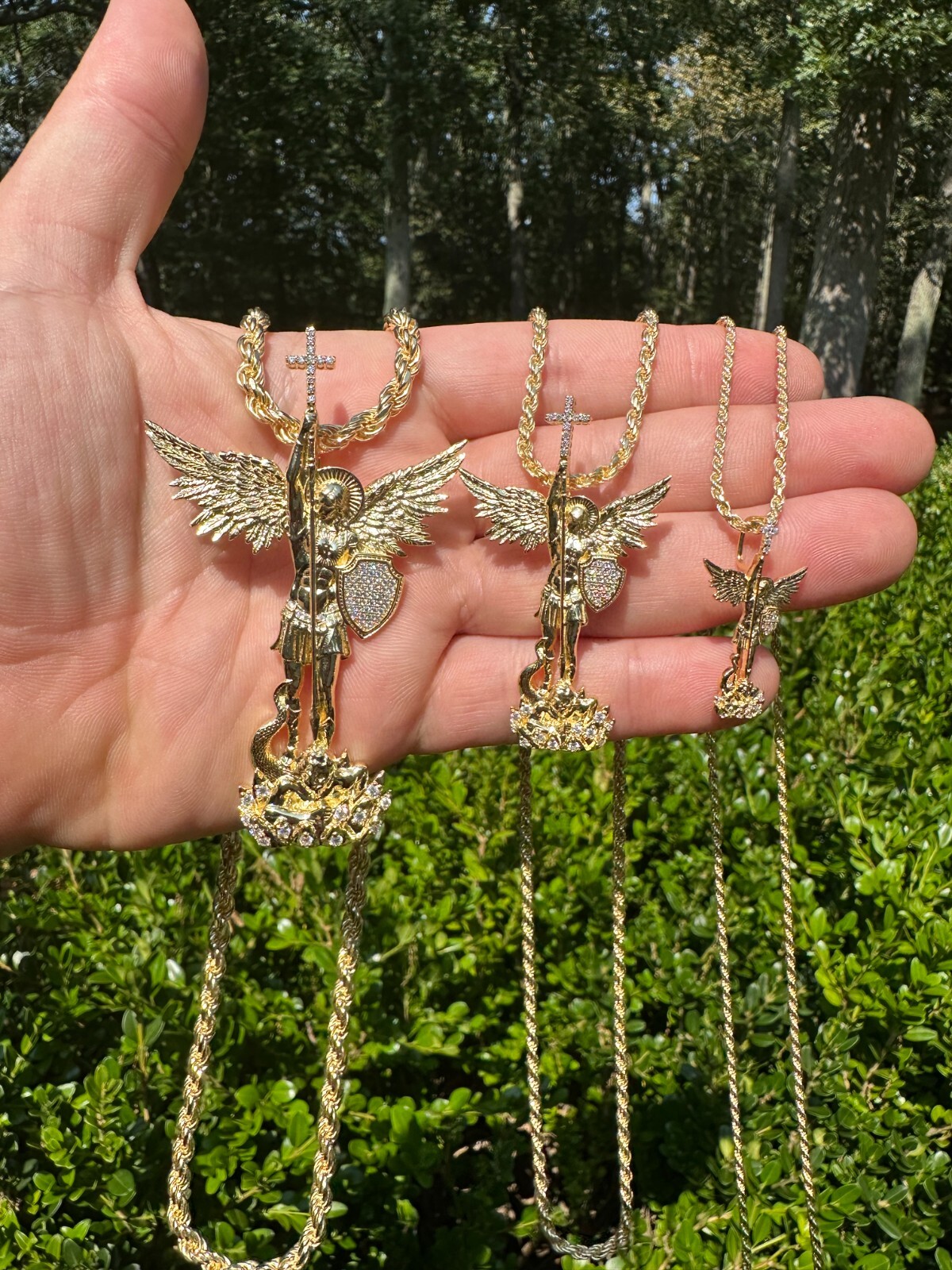 Real MOISSANITE Saint Michael Slaying Dragon Pendant 14k Gold Over 925 Silver