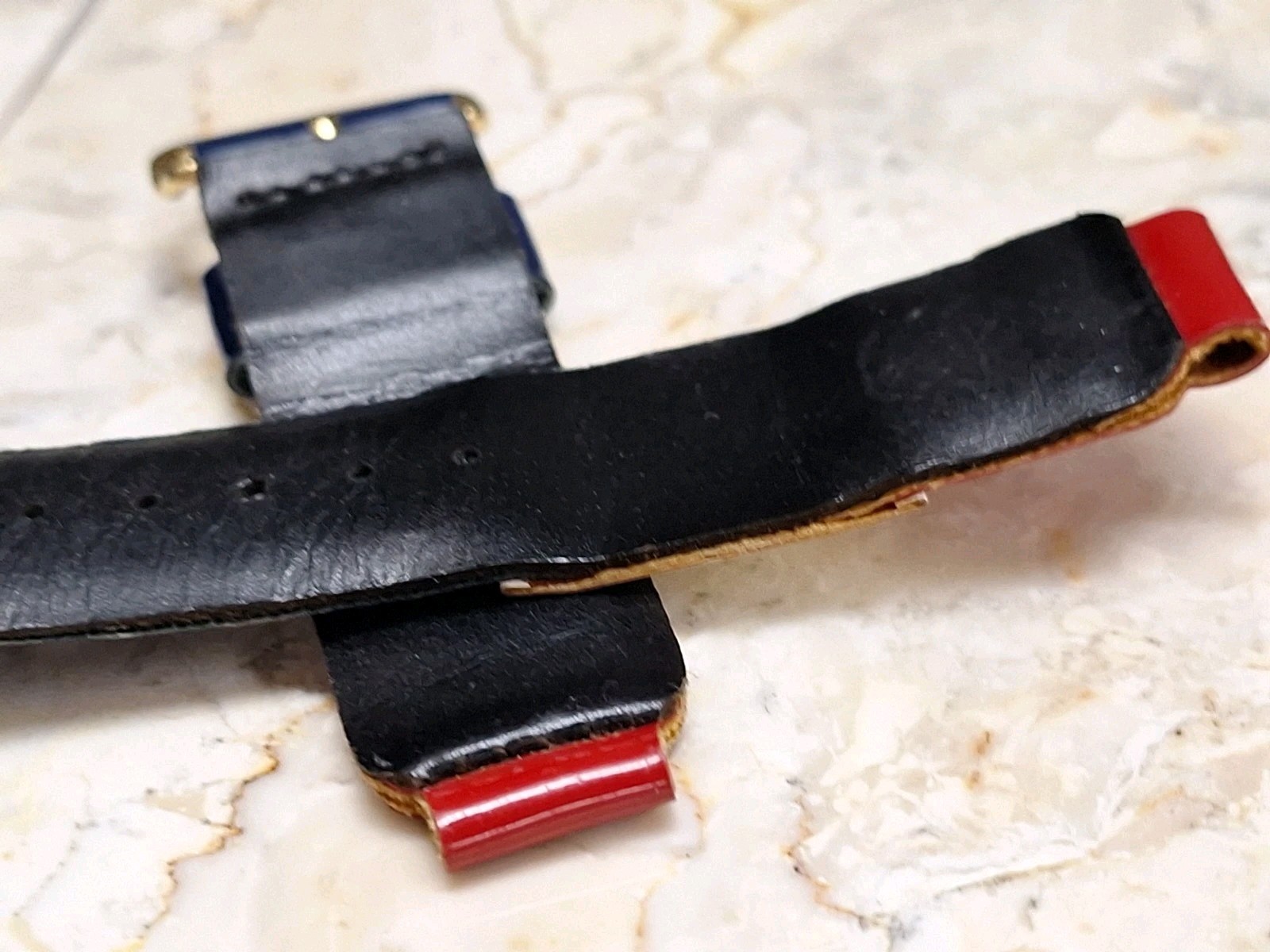 Vintage Tri-color Red White Blue Vinyl on Leather Watch Band Strap 12.3 mm