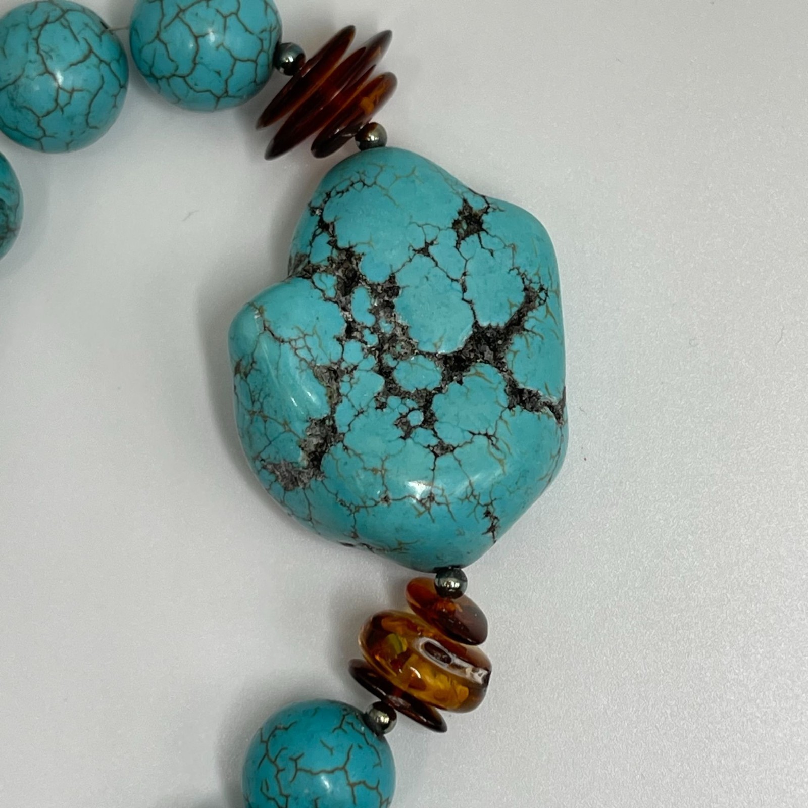 Turquoise Beaded Necklace Amber Accents & Toggle Clasp