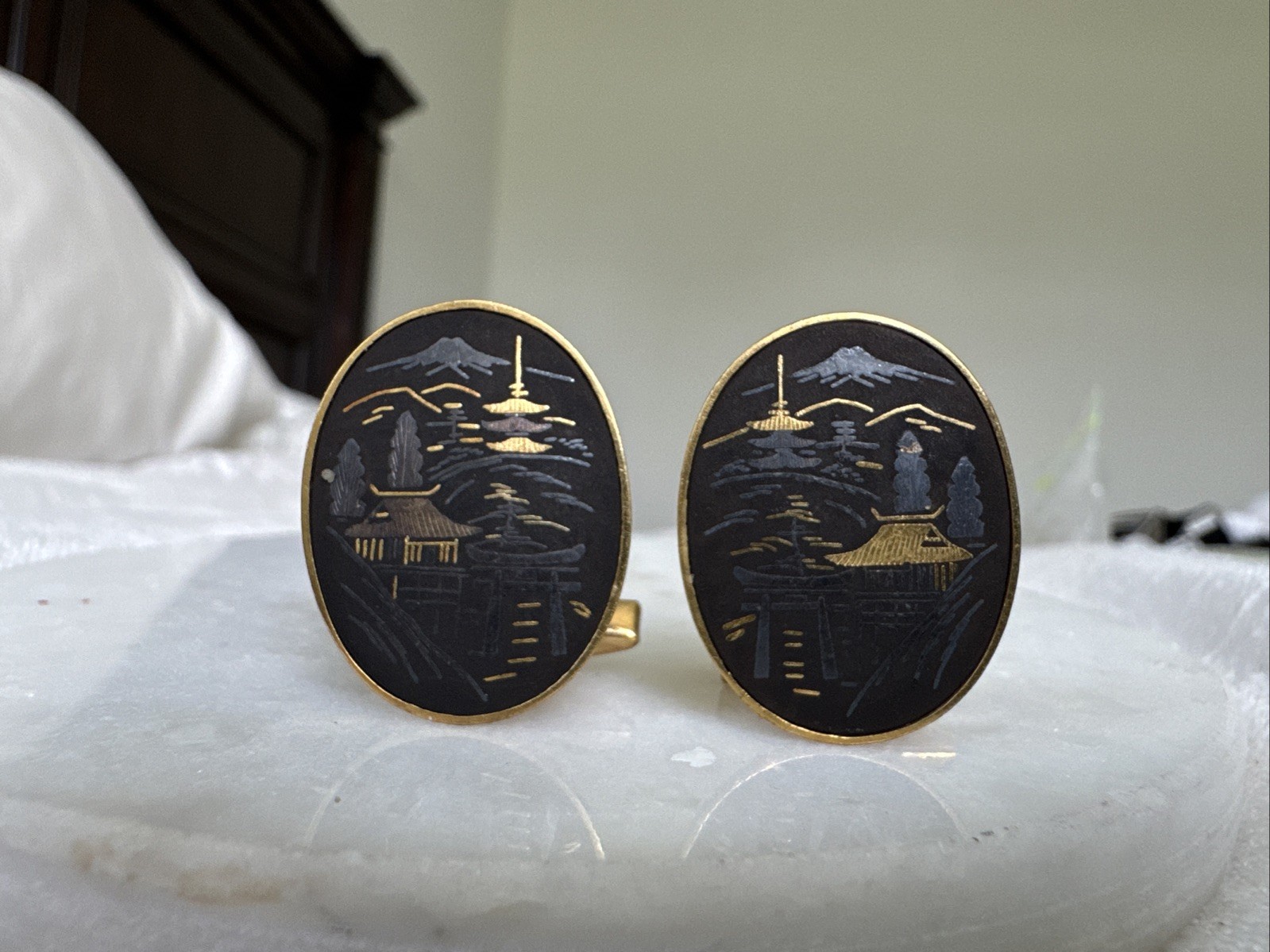 Vintage Sterling Silver Japanese Damascene Cufflinks Pagoda Mt. Fuji Japan 950