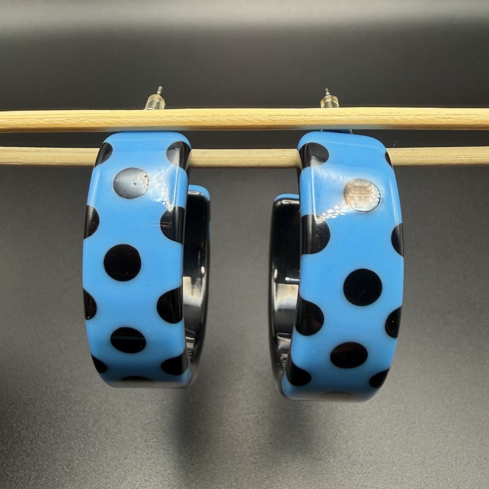 Vintage Black Blue Checkered Hoop Earrings Polka Dot Plastic Resin 1980s Retro