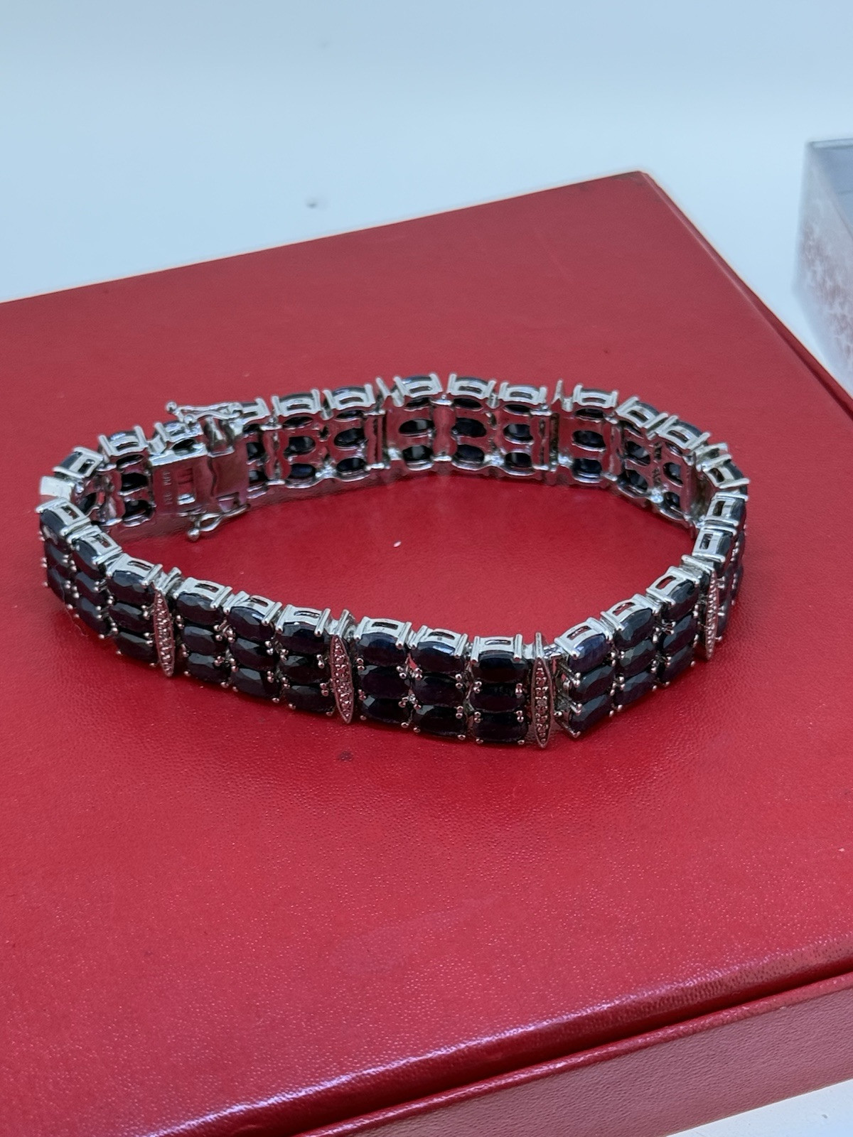 Vintage SJM Sterling Silver Blue Sapphire & Diamond Bracelet 7.5 Inch Long
