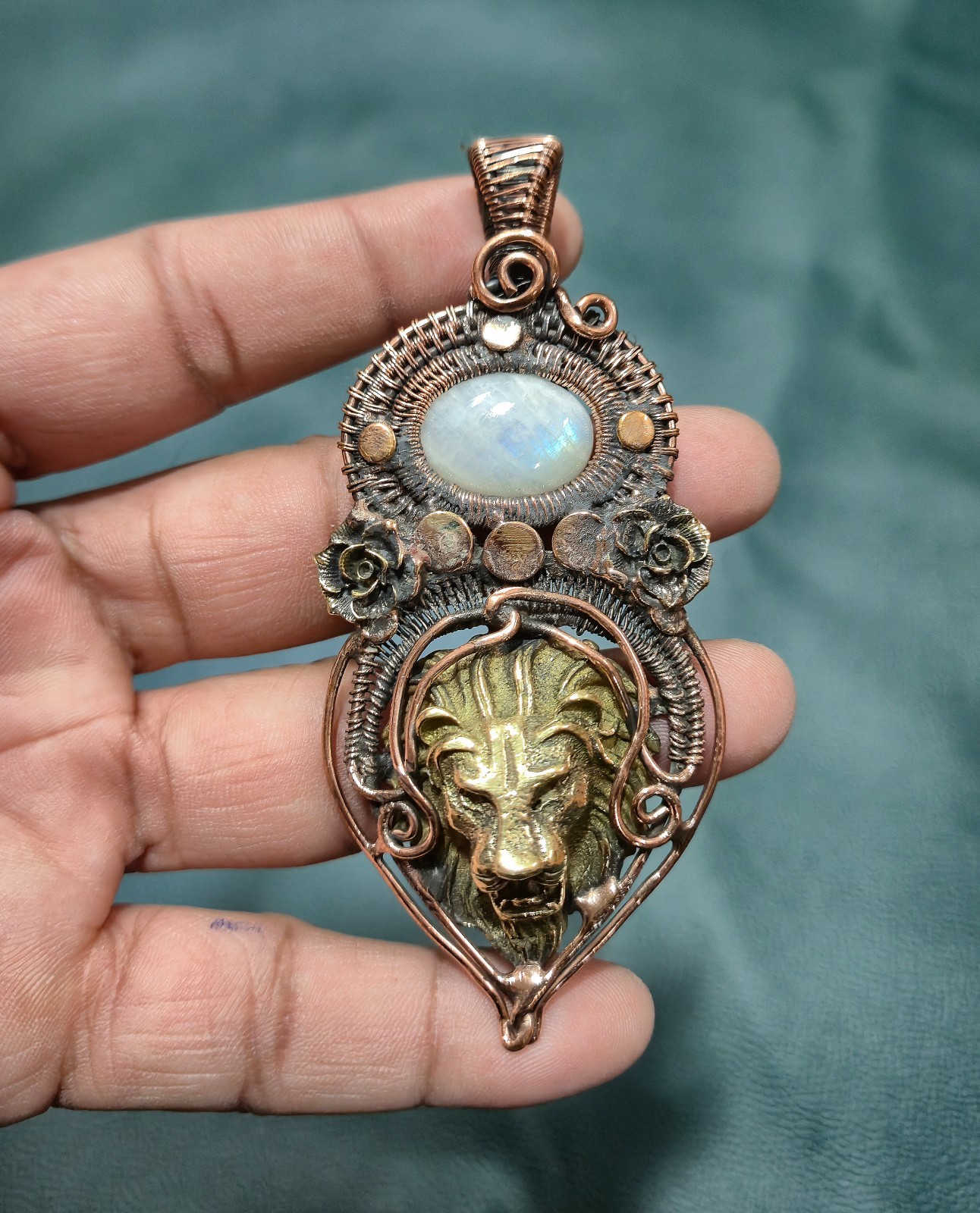 Moonstone Lion Face Pendant Wire Wrapped Pendant Handmade Jewelry Wedding gift