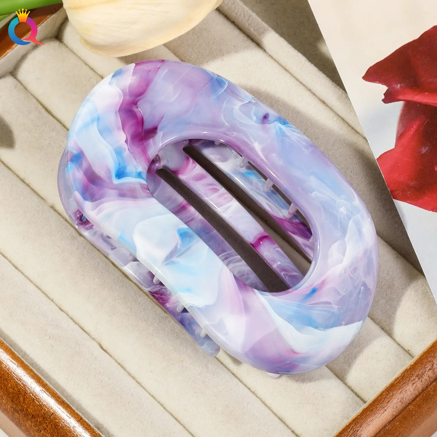 Oval Hair Claw Acrylic Marbling Flat Circular Grip Colorful Updo Women Headwear