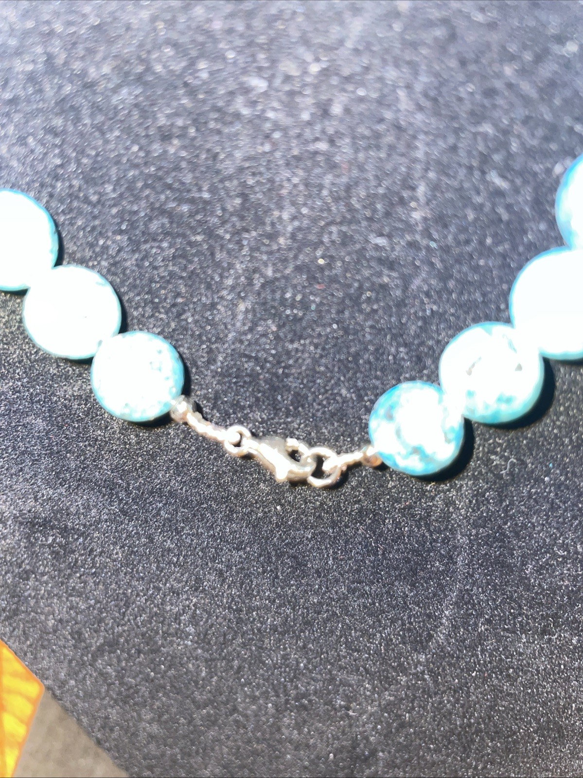Blue Turquoise Beaded Necklace Round Stones Sky Blue & Black 18”, 925 Clasp
