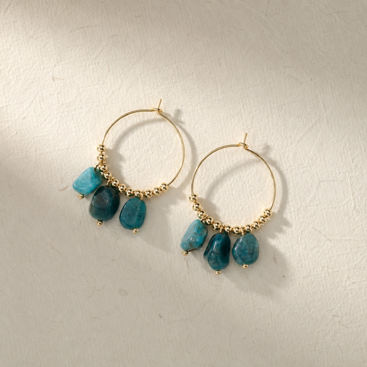 Natural Blue Apatite Drop Hoop Earrings | 18K Gold Plated | Focus & Clarity