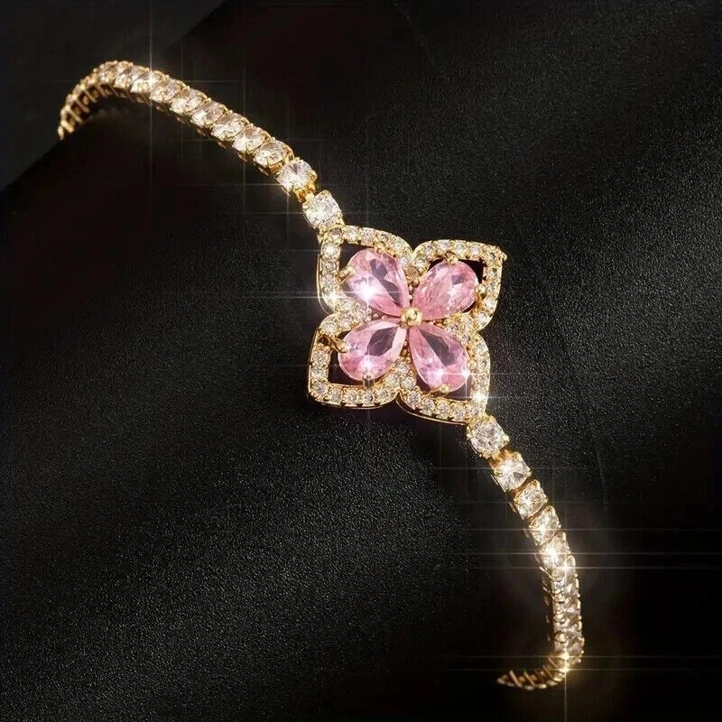 10Ct pear Cut LabCreated Pink Diamond Tennis Bracelet 14K Yellow Gold Plated