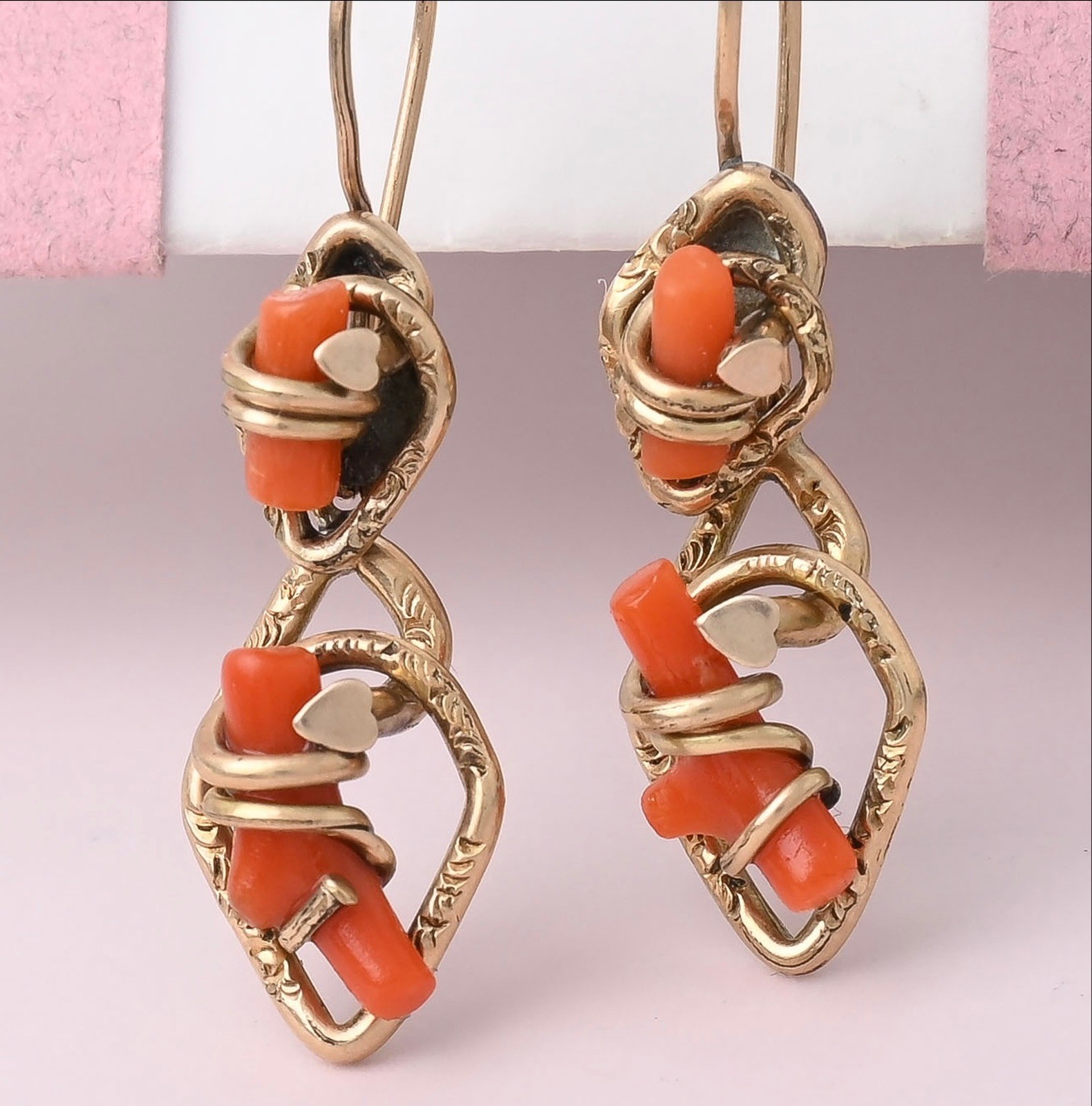 Antique Victorian Etruscan Revival Branch Coral Gold Filled Dangle Drop Earrings