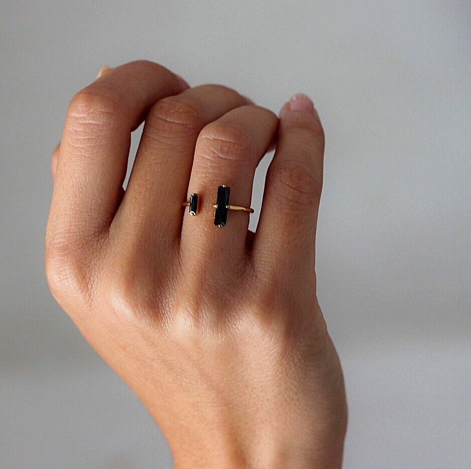 Black Obsidian Bar 18K Gold Dainty Minimalist Healing Women Open Size Ring Gifts