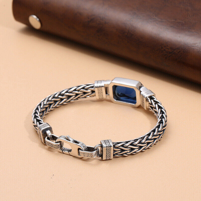 Pure S925 Sterling Silver Bracelet Women Men Blue Square Crystal Wheat Link