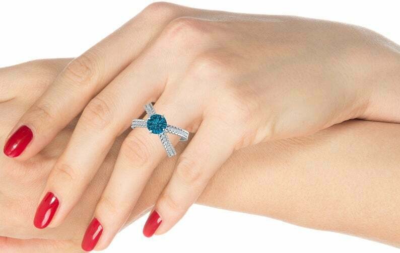 2ct Natural London Topaz Braided Open Split Shank Ring 14K White Gold Plated
