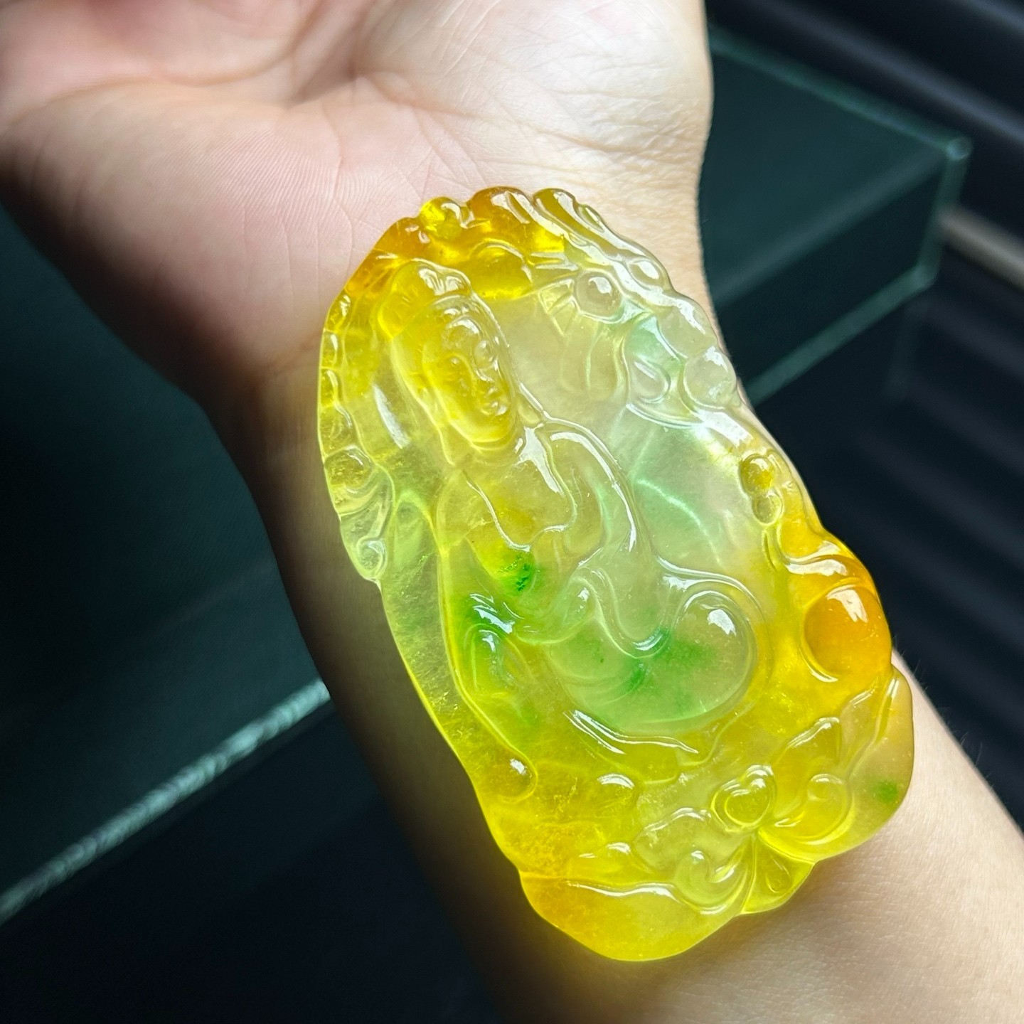 Nature ice yellow Burmese jade Jadeite Carved dragon Kwan-yin Pendant&Necklaces