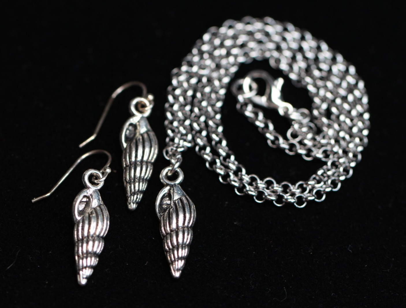 Sea Shell Necklace Set Earrings Silver Pewter Charms, Sterling Silver Hooks