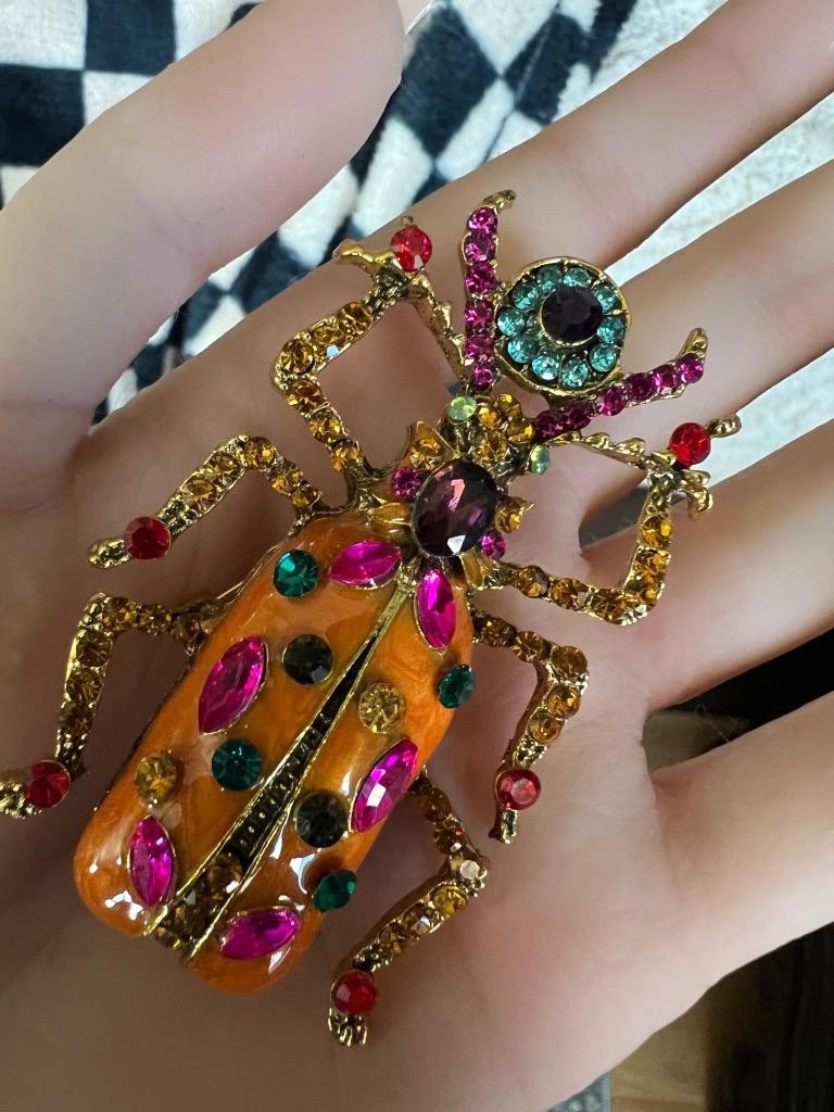 Scarab Beetle Pin LARGE Orange Enamel Rhinestone Victorian Egyptian Rev Vtg