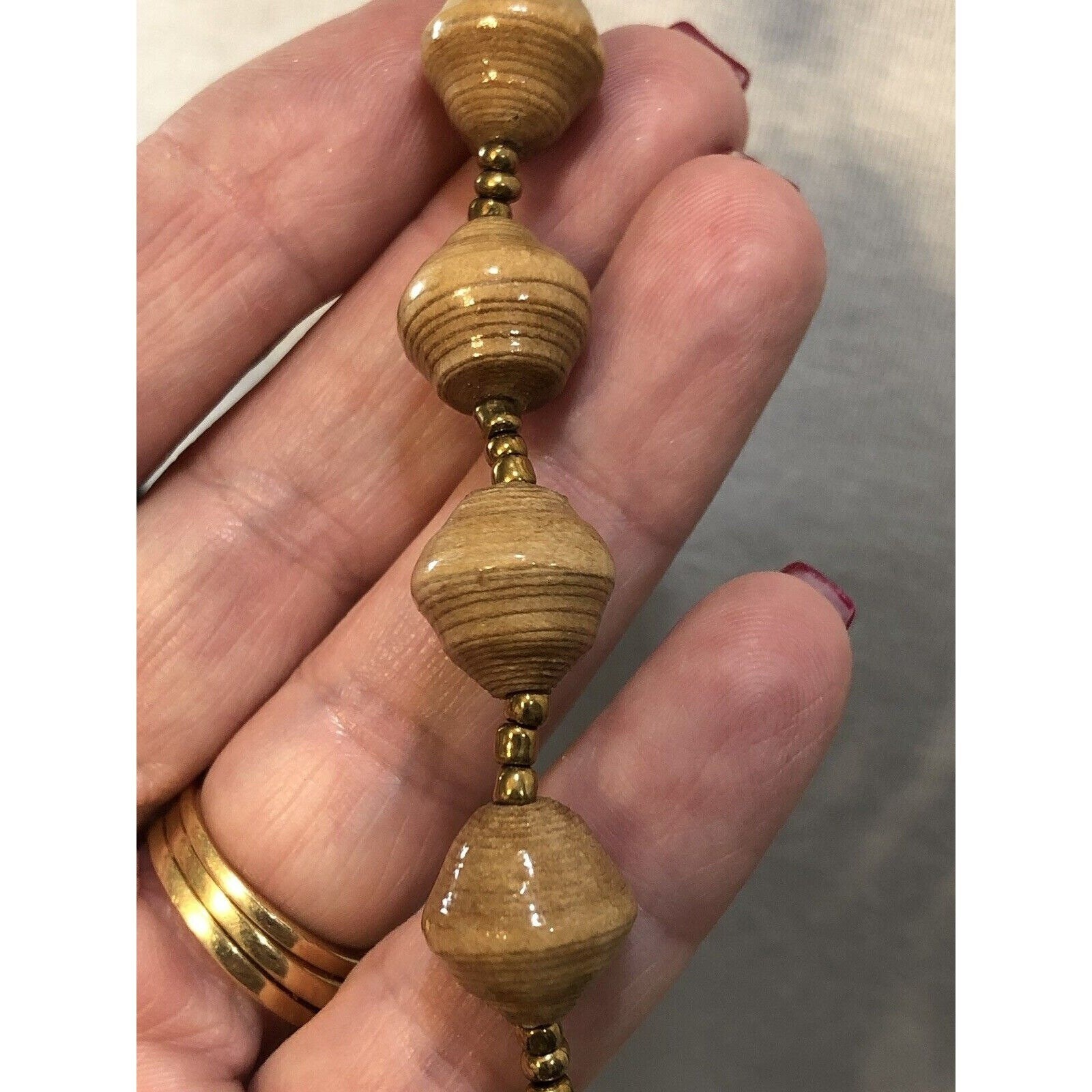 Tan Paper Bead Long Necklace Boho Wood Grain Style Gold Spacers 39 Inch