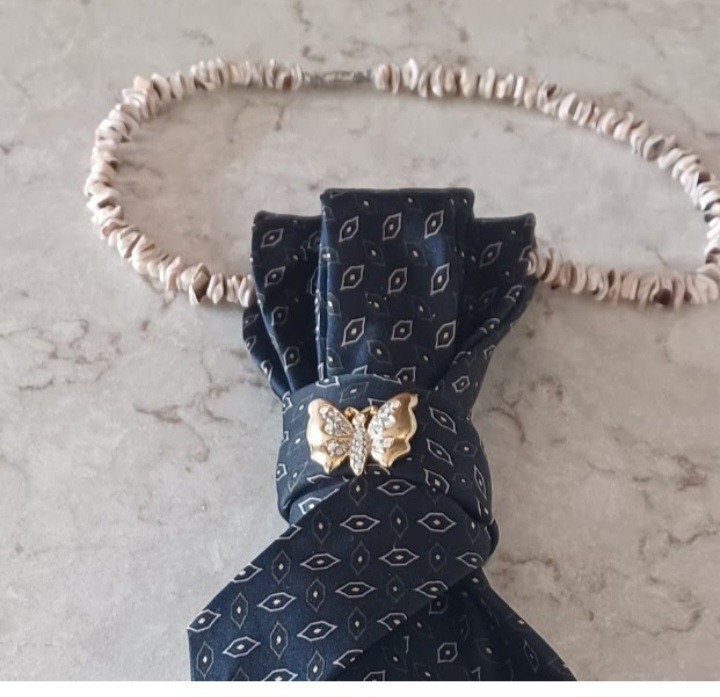 Handcrafted Necktie Necklace Gold Butterfly Brooch