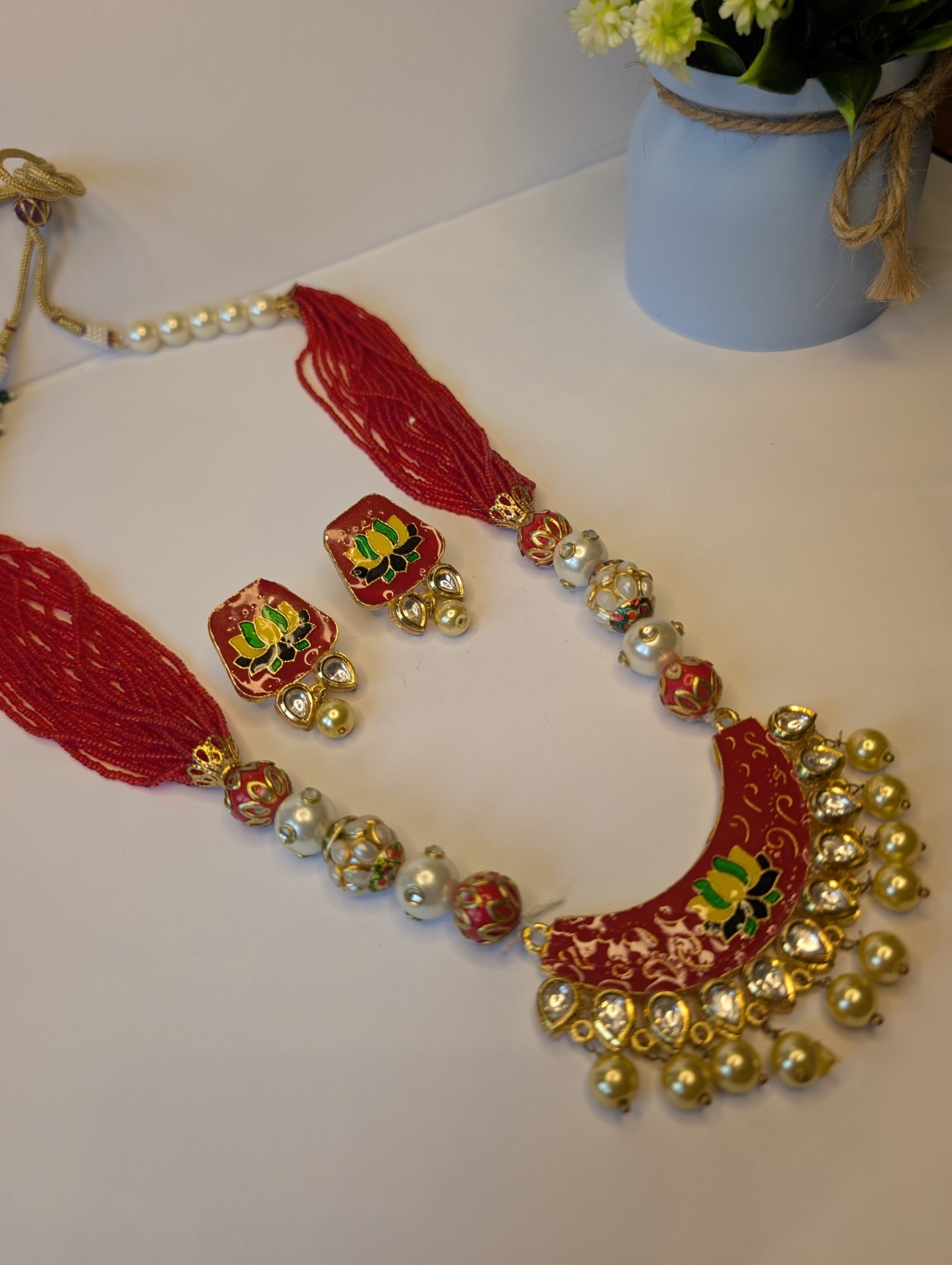 Handmade Lotus Thread Necklace Set Red Meenakari Pearl Indian Ethnic Jewelry