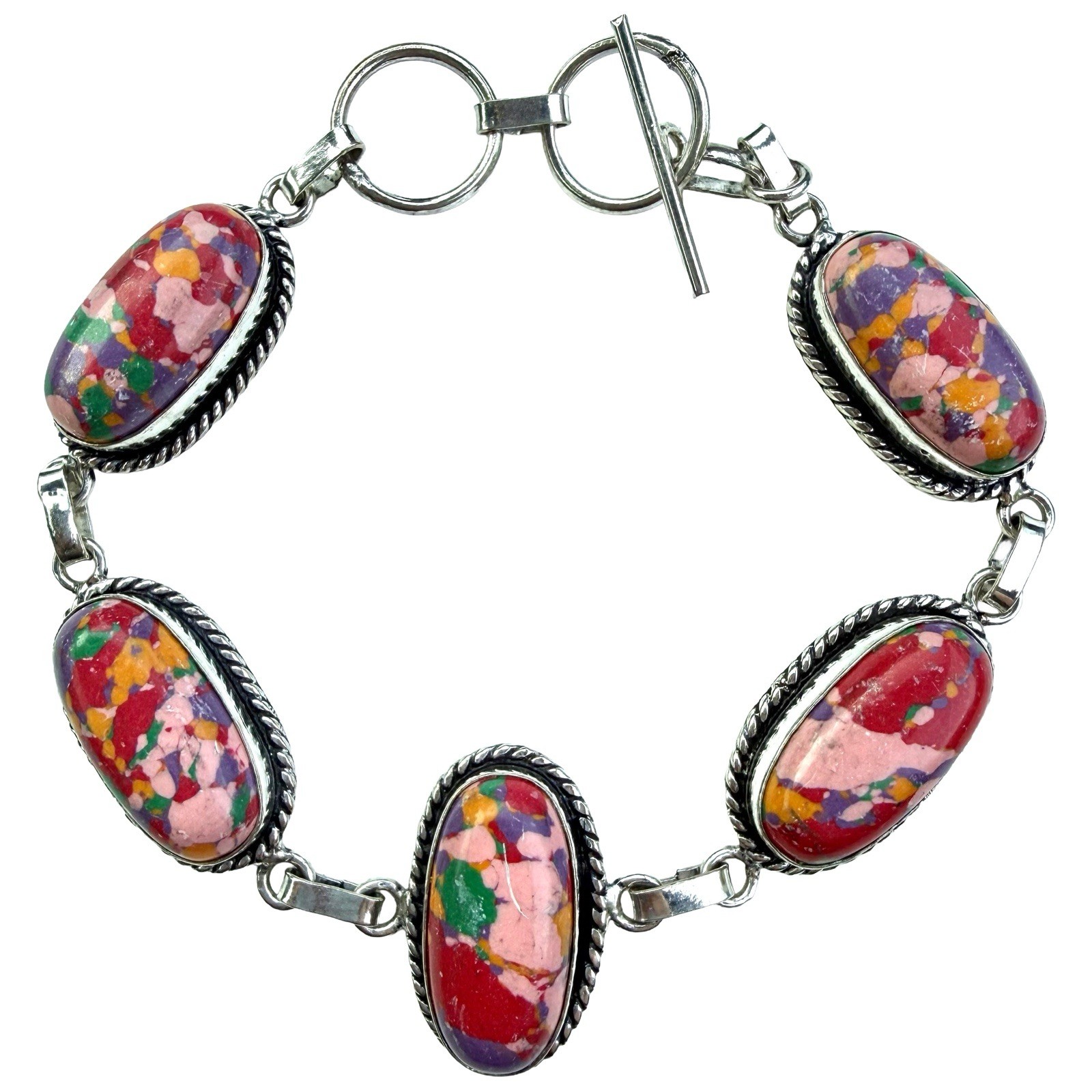 Mosaic Jasper Gemstone Sterling Silver Handmade Bracelet 23 G 7.5 To 8.5” NWOT