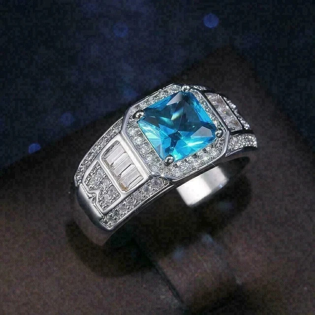 Men Wedding Ring 14k White Gold Finish Princess Cut Simulated Blue Topaz