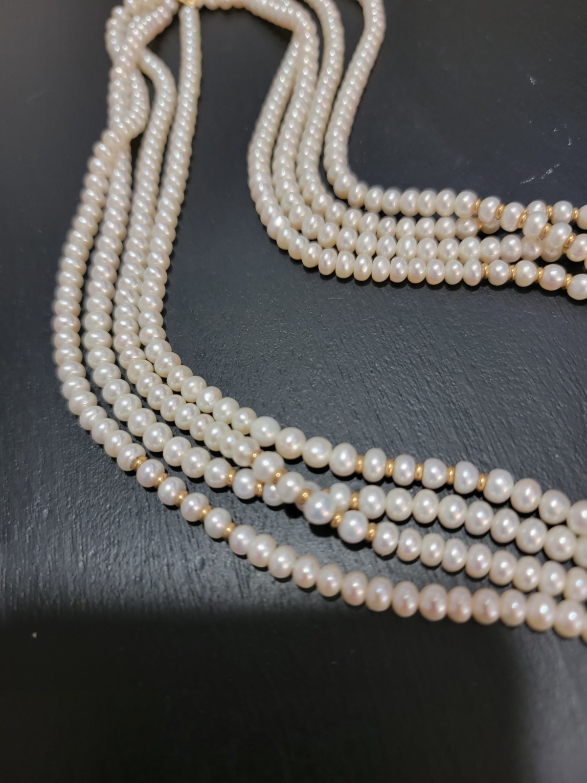 Triple Strand Freshwater Cultured Pearl Necklace 14kt Gold Clasp & Spacers