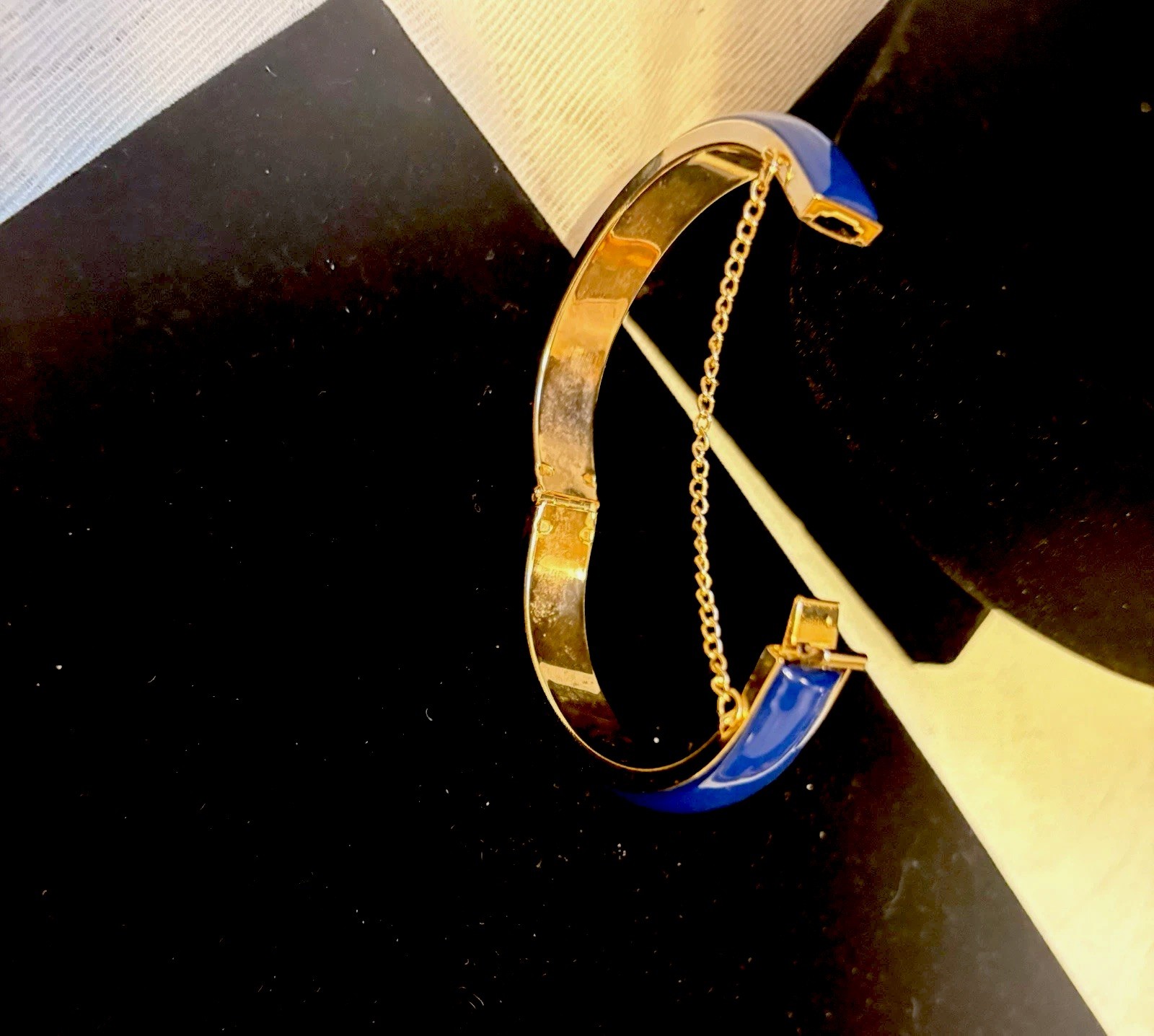 Vintage Napier Hinged Cuff Bracelet With Safety Chain Blue Gold Tone Not Signed