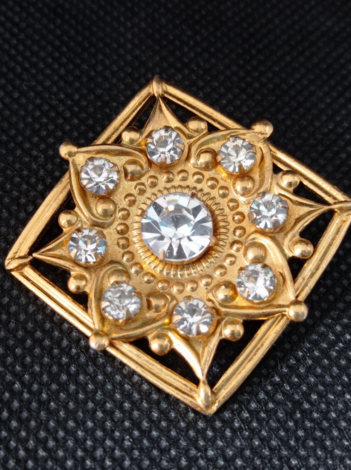 Vintage USSR Brooch | Art Deco Style | Gold Tone Brass with White Glass Stone