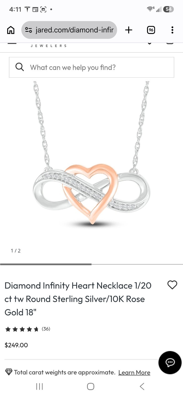 Jared Diamond Infinity Heart Necklace 1/20 CT TW 10K Rose Gold 18”