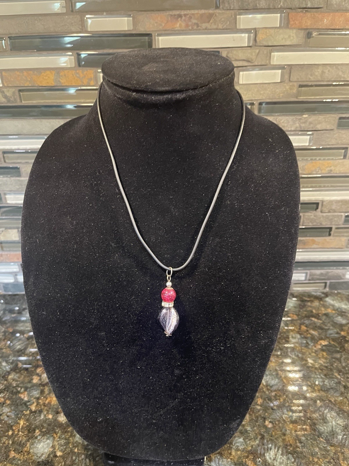 Handmade Lampwork Glass Pendant Necklace Red Crackle Bead Black Cord Artisan