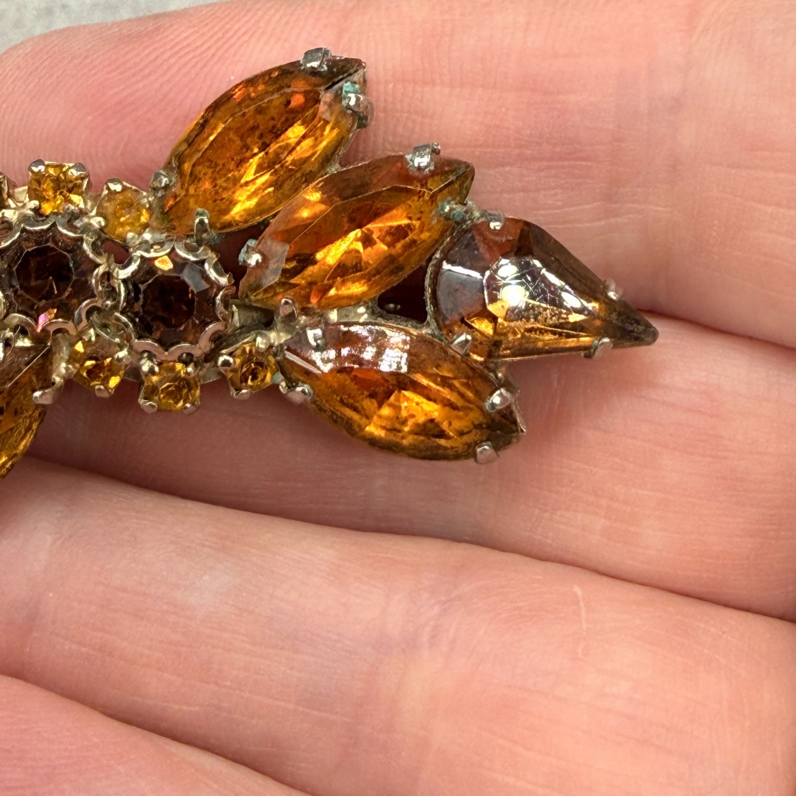 Vintage Brooch Orange Brown Rhinestones Gold Tone