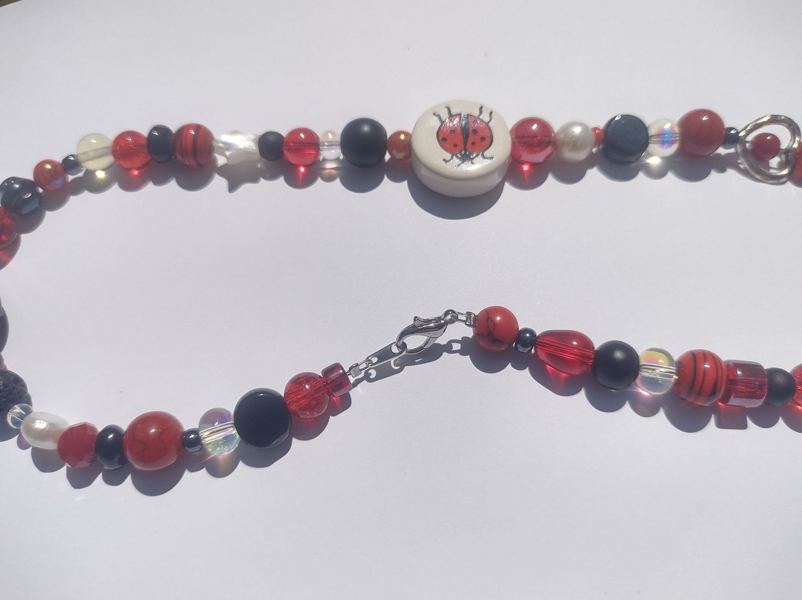 Red and Black Ladybug Ceramic and Glass Bead Handmade Necklace