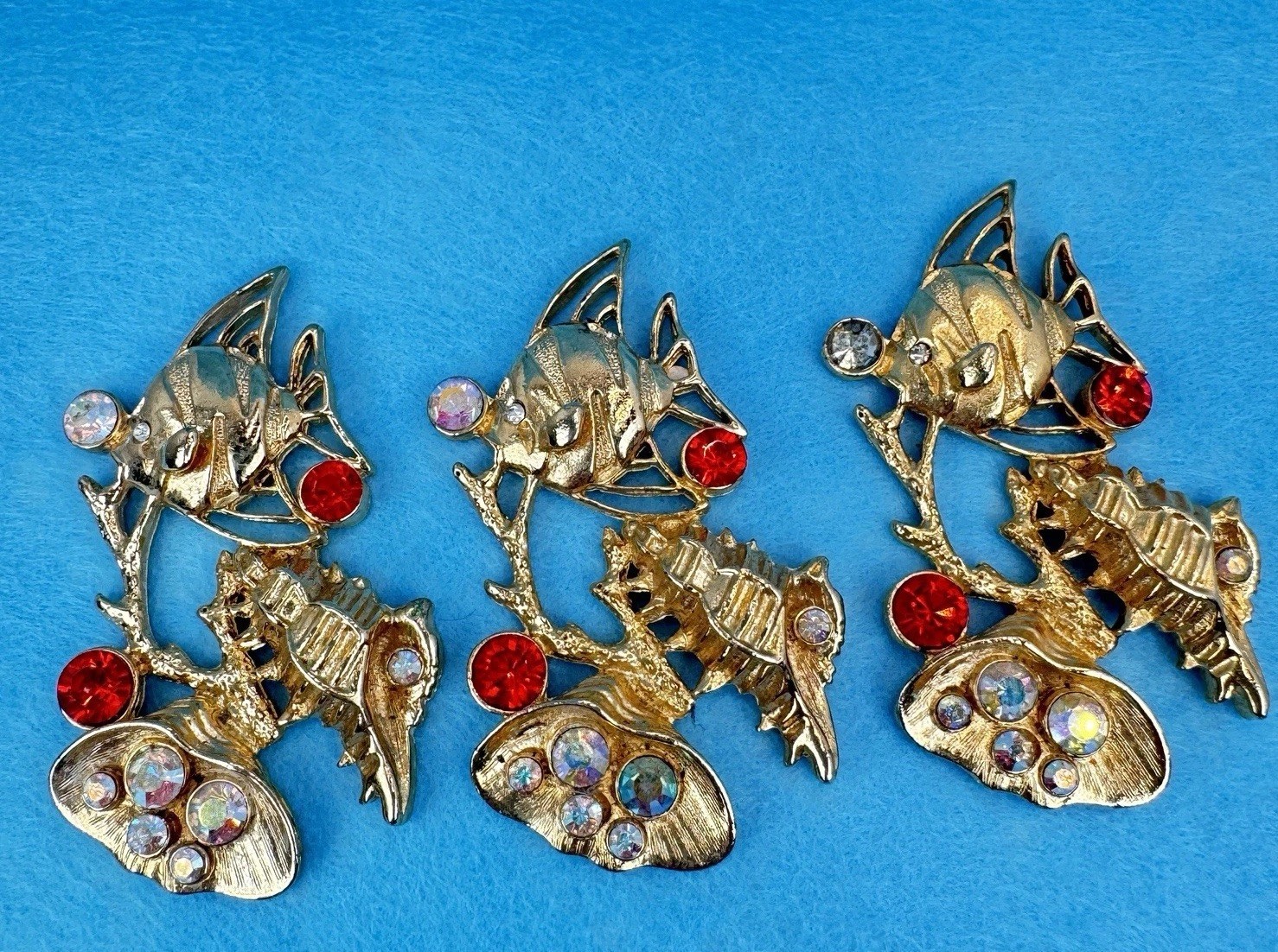 Lot Of 6 VTG Gold Tone Rhinestone Fish Shell Findings Brooch Jewelry Making