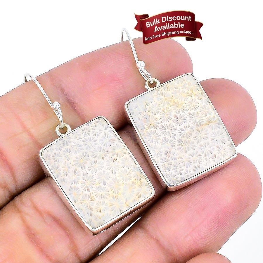 Fossil Coral Gemstone Sterling Silver Anniversary Dangle Trendy Earrings Jewelry